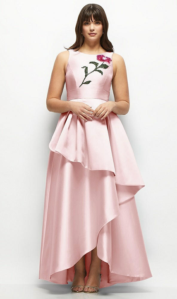 Front View - Ballet Pink Beaded Floral Bodice Satin Maxi Dress with Layered Ballgown Skirt