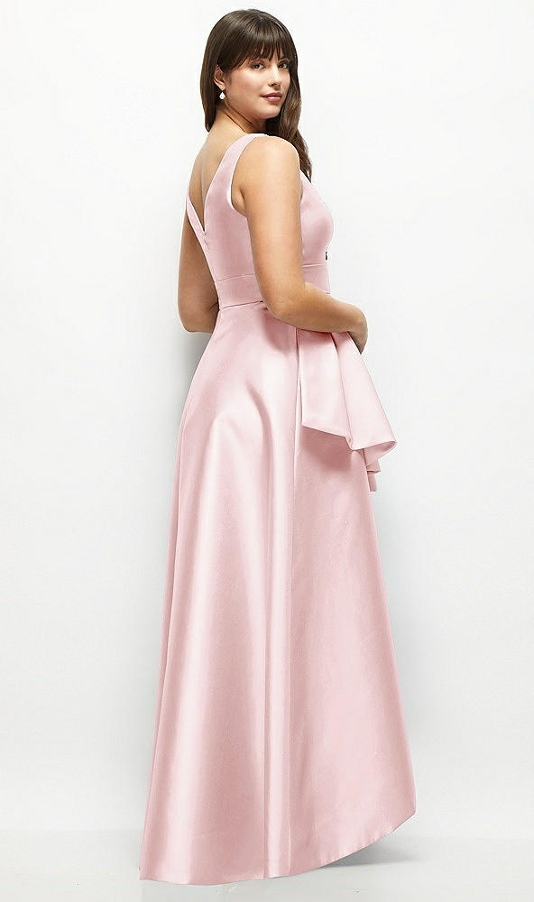 Back View - Ballet Pink Beaded Floral Bodice Satin Maxi Dress with Layered Ballgown Skirt