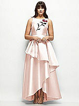Front View Thumbnail - Blush Beaded Floral Bodice Satin Maxi Dress with Layered Ballgown Skirt