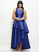 Front View Thumbnail - Cobalt Blue Beaded Floral Bodice Satin Maxi Dress with Layered Ballgown Skirt