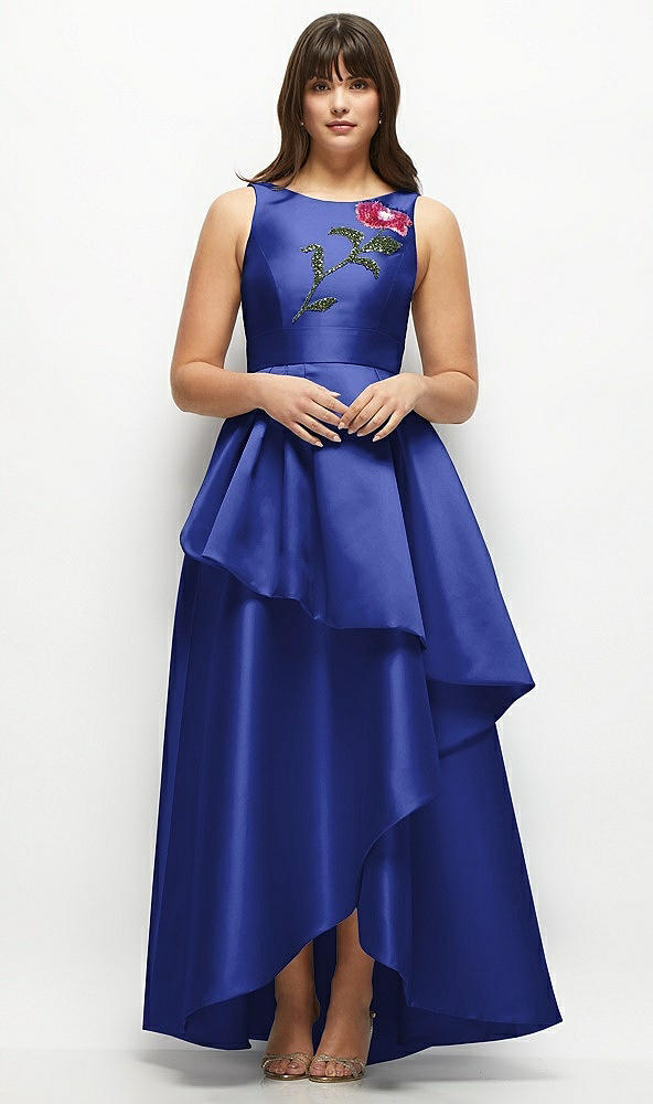 Front View - Cobalt Blue Beaded Floral Bodice Satin Maxi Dress with Layered Ballgown Skirt