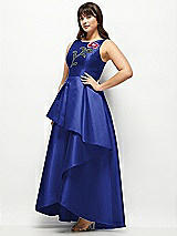 Side View Thumbnail - Cobalt Blue Beaded Floral Bodice Satin Maxi Dress with Layered Ballgown Skirt