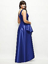 Rear View Thumbnail - Cobalt Blue Beaded Floral Bodice Satin Maxi Dress with Layered Ballgown Skirt