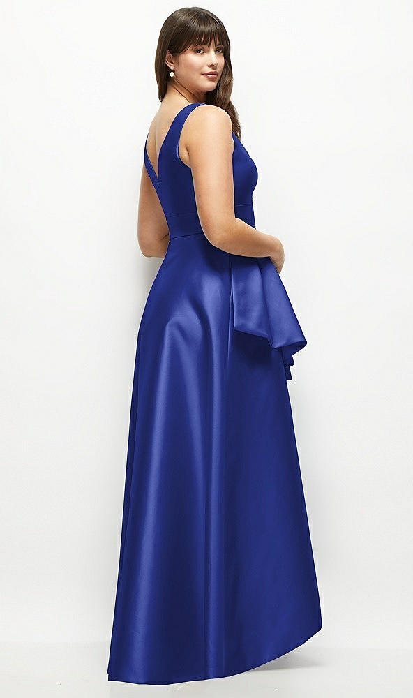 Back View - Cobalt Blue Beaded Floral Bodice Satin Maxi Dress with Layered Ballgown Skirt