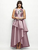 Front View Thumbnail - Dusty Rose Beaded Floral Bodice Satin Maxi Dress with Layered Ballgown Skirt