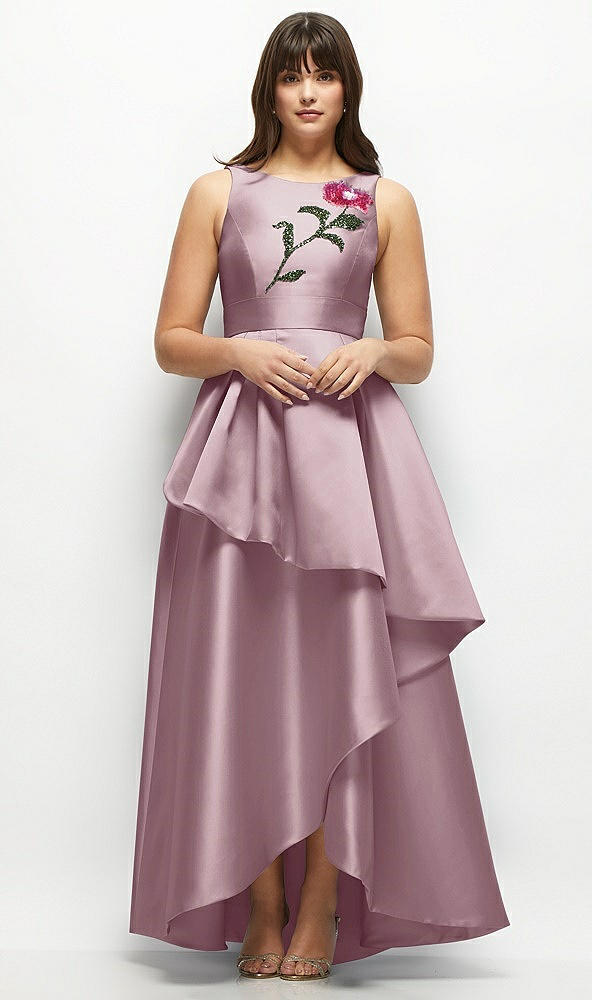 Front View - Dusty Rose Beaded Floral Bodice Satin Maxi Dress with Layered Ballgown Skirt