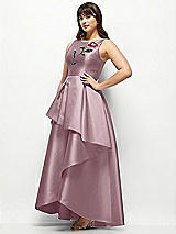 Side View Thumbnail - Dusty Rose Beaded Floral Bodice Satin Maxi Dress with Layered Ballgown Skirt