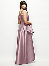 Rear View Thumbnail - Dusty Rose Beaded Floral Bodice Satin Maxi Dress with Layered Ballgown Skirt