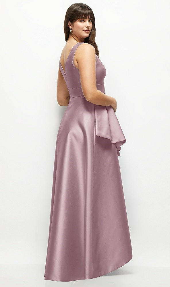 Back View - Dusty Rose Beaded Floral Bodice Satin Maxi Dress with Layered Ballgown Skirt