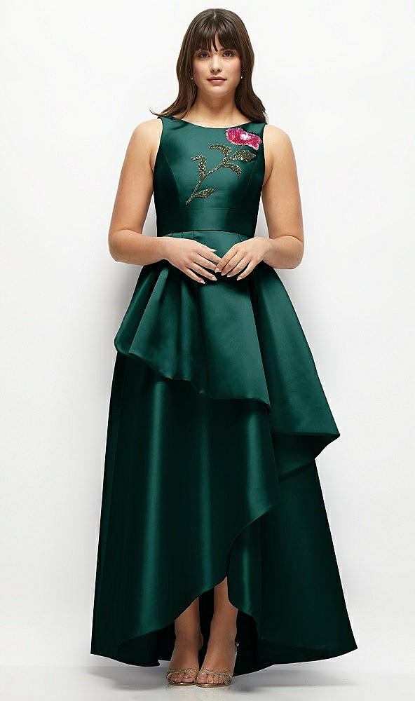 Front View - Evergreen Beaded Floral Bodice Satin Maxi Dress with Layered Ballgown Skirt