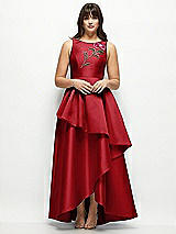 Front View Thumbnail - Garnet Beaded Floral Bodice Satin Maxi Dress with Layered Ballgown Skirt