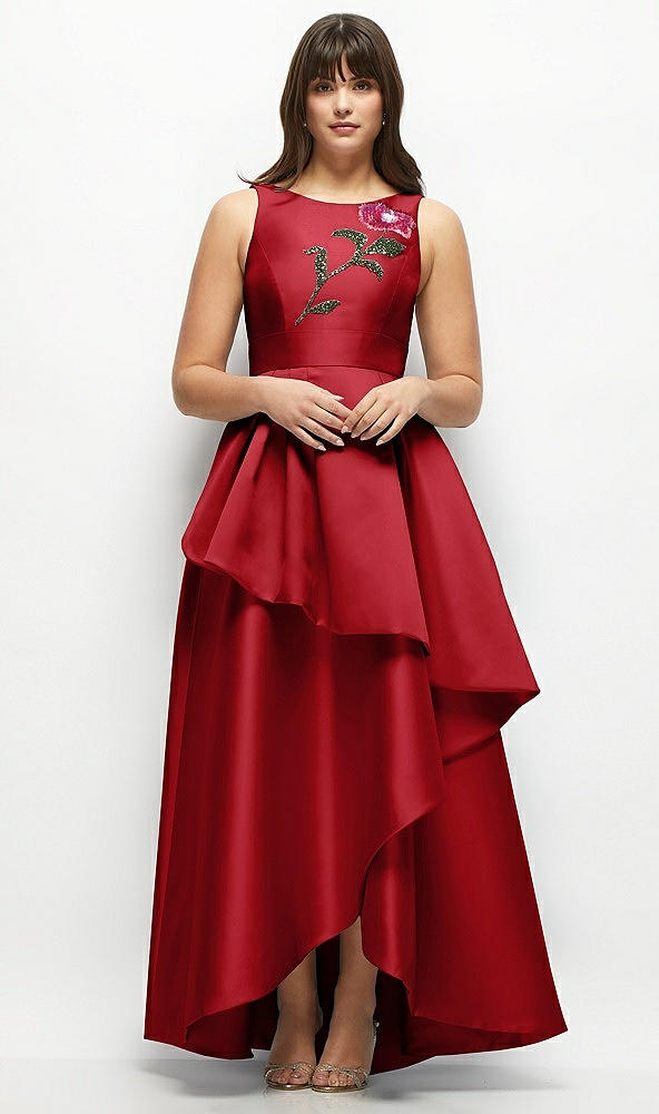 Front View - Garnet Beaded Floral Bodice Satin Maxi Dress with Layered Ballgown Skirt