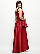 Rear View Thumbnail - Garnet Beaded Floral Bodice Satin Maxi Dress with Layered Ballgown Skirt