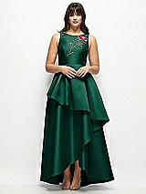 Front View Thumbnail - Hunter Green Beaded Floral Bodice Satin Maxi Dress with Layered Ballgown Skirt