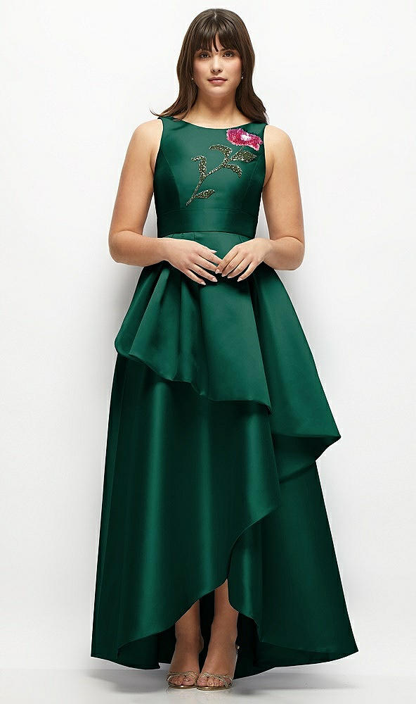 Front View - Hunter Green Beaded Floral Bodice Satin Maxi Dress with Layered Ballgown Skirt