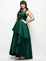 Side View Thumbnail - Hunter Green Beaded Floral Bodice Satin Maxi Dress with Layered Ballgown Skirt