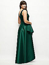 Rear View Thumbnail - Hunter Green Beaded Floral Bodice Satin Maxi Dress with Layered Ballgown Skirt
