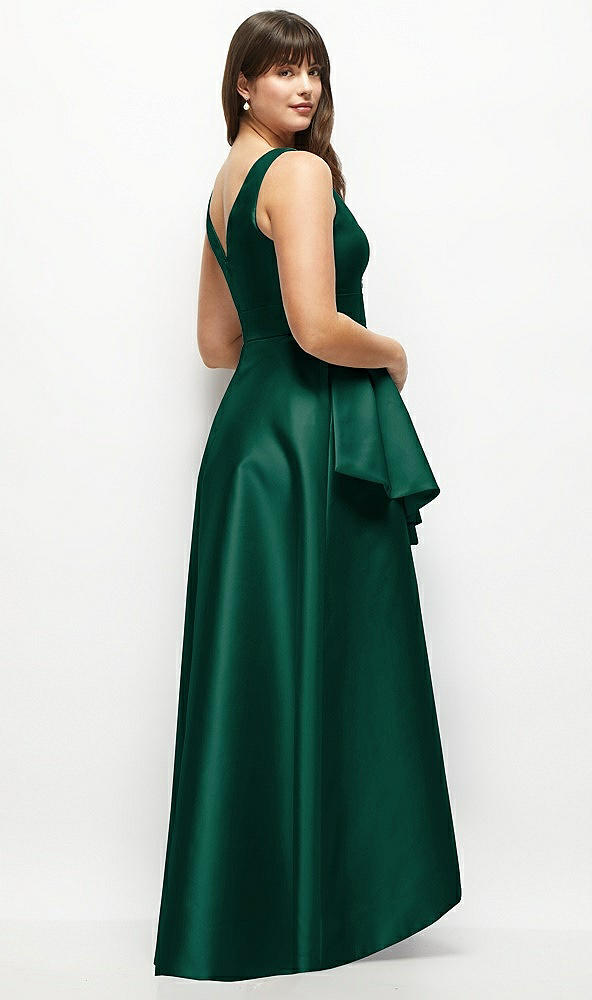 Back View - Hunter Green Beaded Floral Bodice Satin Maxi Dress with Layered Ballgown Skirt
