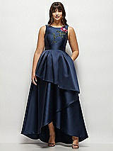 Front View Thumbnail - Midnight Navy Beaded Floral Bodice Satin Maxi Dress with Layered Ballgown Skirt