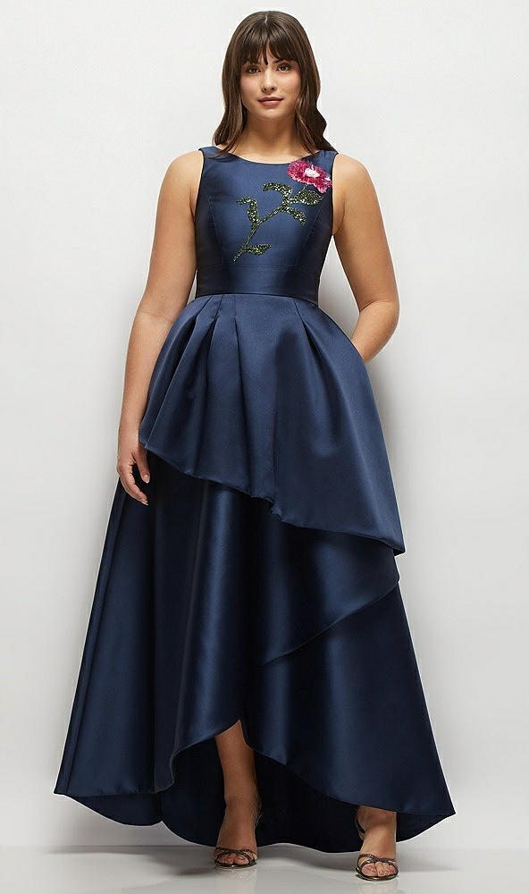 Front View - Midnight Navy Beaded Floral Bodice Satin Maxi Dress with Layered Ballgown Skirt
