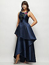 Side View Thumbnail - Midnight Navy Beaded Floral Bodice Satin Maxi Dress with Layered Ballgown Skirt