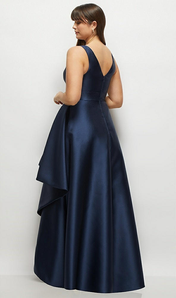 Back View - Midnight Navy Beaded Floral Bodice Satin Maxi Dress with Layered Ballgown Skirt