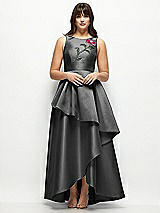 Front View Thumbnail - Pewter Beaded Floral Bodice Satin Maxi Dress with Layered Ballgown Skirt