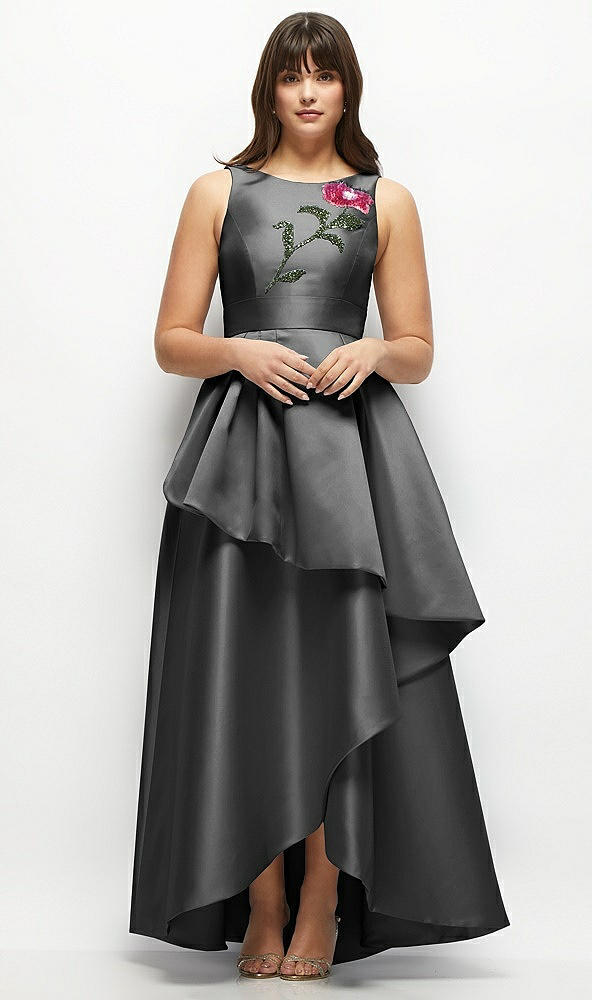 Front View - Pewter Beaded Floral Bodice Satin Maxi Dress with Layered Ballgown Skirt