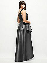 Rear View Thumbnail - Pewter Beaded Floral Bodice Satin Maxi Dress with Layered Ballgown Skirt