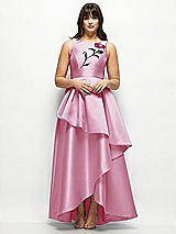 Front View Thumbnail - Powder Pink Beaded Floral Bodice Satin Maxi Dress with Layered Ballgown Skirt