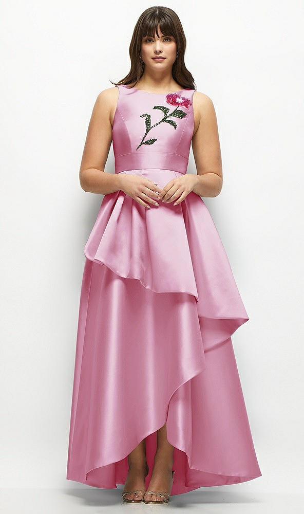 Front View - Powder Pink Beaded Floral Bodice Satin Maxi Dress with Layered Ballgown Skirt