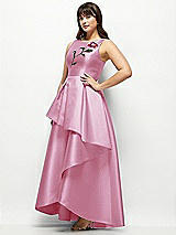 Side View Thumbnail - Powder Pink Beaded Floral Bodice Satin Maxi Dress with Layered Ballgown Skirt