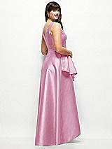 Rear View Thumbnail - Powder Pink Beaded Floral Bodice Satin Maxi Dress with Layered Ballgown Skirt