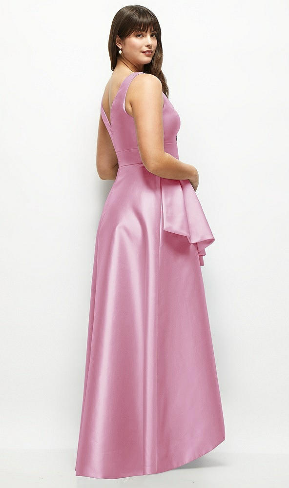 Back View - Powder Pink Beaded Floral Bodice Satin Maxi Dress with Layered Ballgown Skirt
