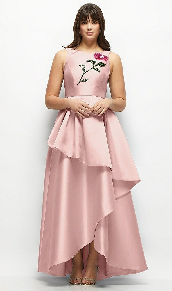 Front View - Rose - PANTONE Rose Quartz Beaded Floral Bodice Satin Maxi Dress with Layered Ballgown Skirt