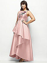 Side View Thumbnail - Rose - PANTONE Rose Quartz Beaded Floral Bodice Satin Maxi Dress with Layered Ballgown Skirt
