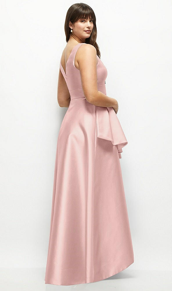 Back View - Rose - PANTONE Rose Quartz Beaded Floral Bodice Satin Maxi Dress with Layered Ballgown Skirt