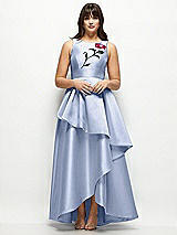 Front View Thumbnail - Sky Blue Beaded Floral Bodice Satin Maxi Dress with Layered Ballgown Skirt