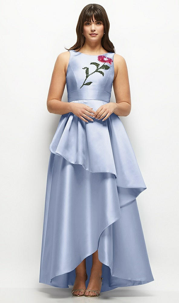 Front View - Sky Blue Beaded Floral Bodice Satin Maxi Dress with Layered Ballgown Skirt
