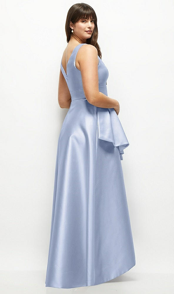 Back View - Sky Blue Beaded Floral Bodice Satin Maxi Dress with Layered Ballgown Skirt