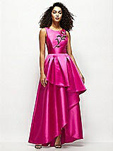 Front View Thumbnail - Think Pink Beaded Floral Bodice Satin Maxi Dress with Layered Ballgown Skirt