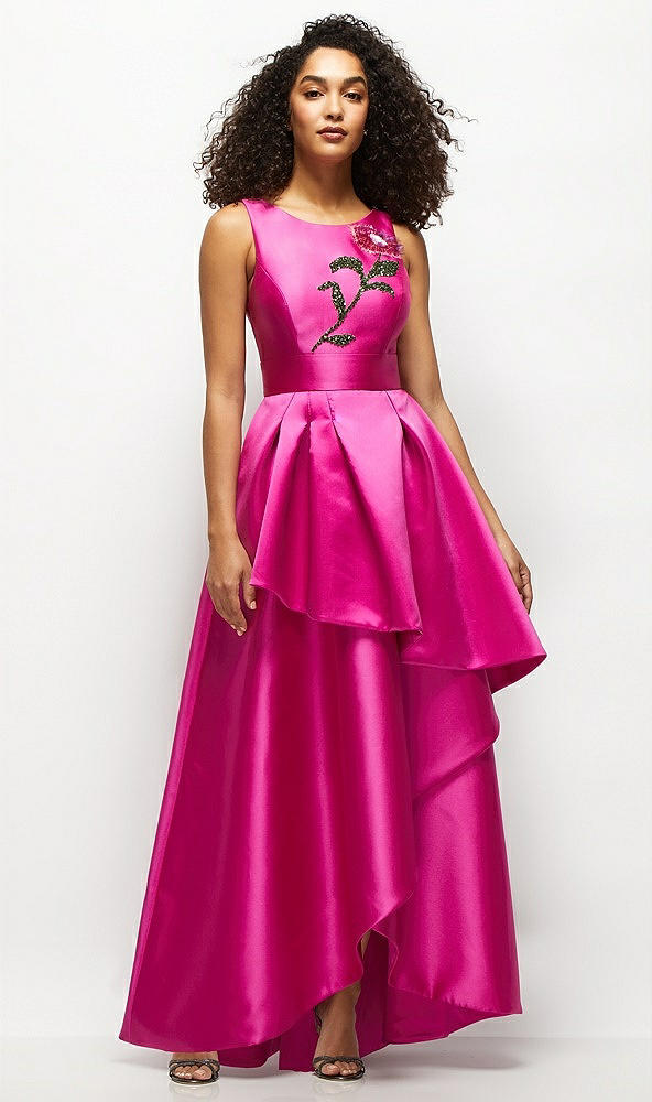 Front View - Think Pink Beaded Floral Bodice Satin Maxi Dress with Layered Ballgown Skirt