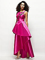 Side View Thumbnail - Think Pink Beaded Floral Bodice Satin Maxi Dress with Layered Ballgown Skirt