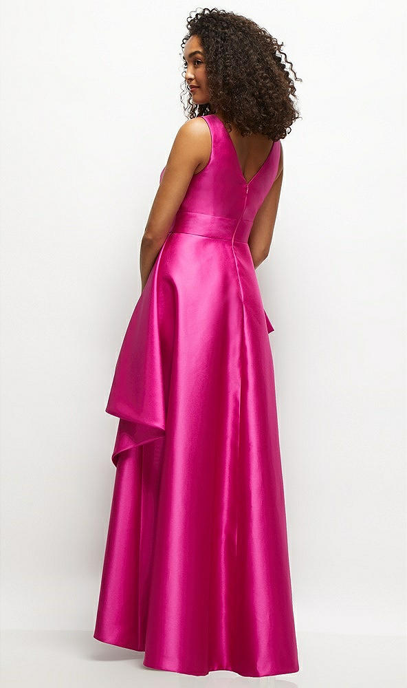 Back View - Think Pink Beaded Floral Bodice Satin Maxi Dress with Layered Ballgown Skirt