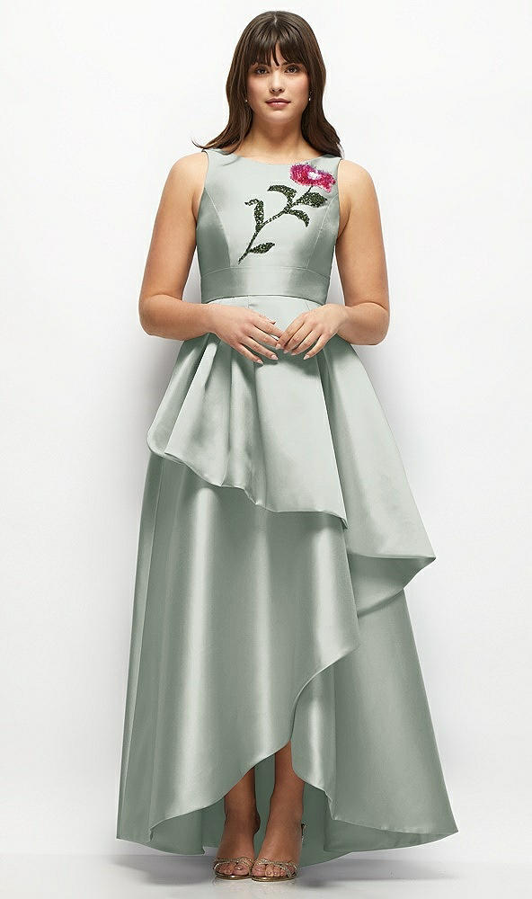Front View - Willow Green Beaded Floral Bodice Satin Maxi Dress with Layered Ballgown Skirt