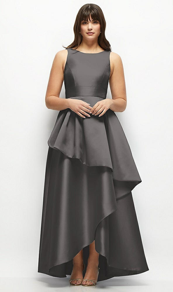 Front View - Caviar Gray Satin Maxi Dress with Asymmetrical Layered Ballgown Skirt