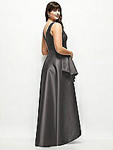Rear View Thumbnail - Caviar Gray Satin Maxi Dress with Asymmetrical Layered Ballgown Skirt