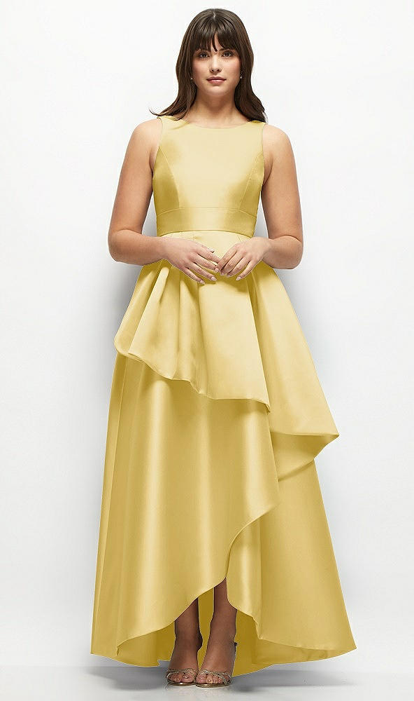 Front View - Maize Satin Maxi Dress with Asymmetrical Layered Ballgown Skirt