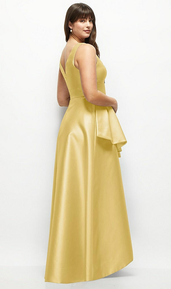 Back View - Maize Satin Maxi Dress with Asymmetrical Layered Ballgown Skirt