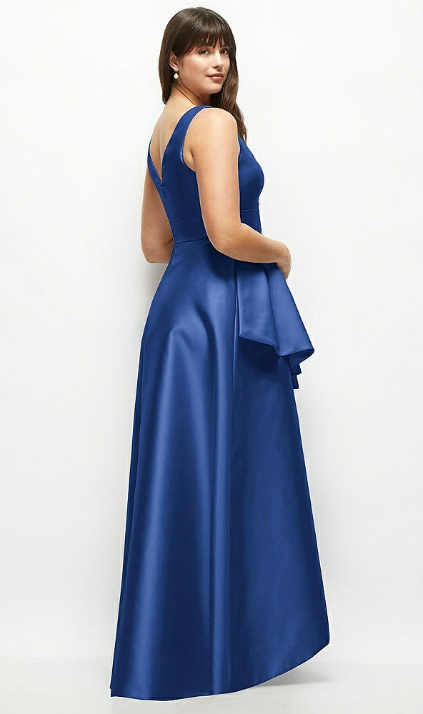 Back View - Classic Blue Satin Maxi Dress with Asymmetrical Layered Ballgown Skirt